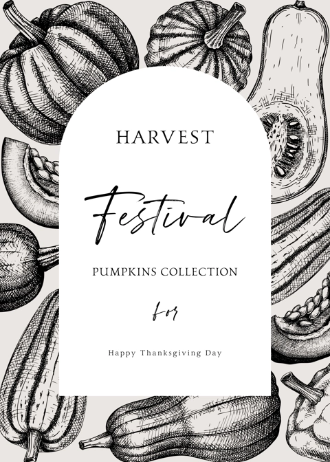 Pumpkins greeting card arc design. Thanksgiving background in sketched style. Autumn food vintage drawings. Vector vegetables, butternut squash, marrow, pumpkin sketches. Fall harvest invitation.